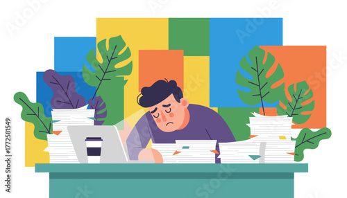 Exhausted employee overwhelmed by stacks of paperwork and deadlines suffering from office burnout