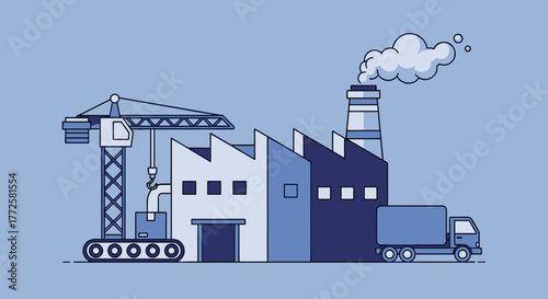 Industrial complex illustration manufacturing construction crane smokestack and logistics delivery truck