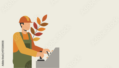 Industrial worker operating machinery with autumn leaves background Flat design illustration