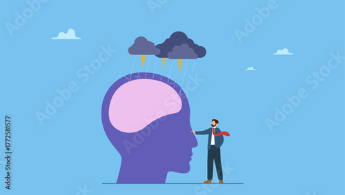 Man with head showing his brain with thunder storm raining. Metaphor of depressed or mental illness. Depression, anger, stressed and anxiety emotion.