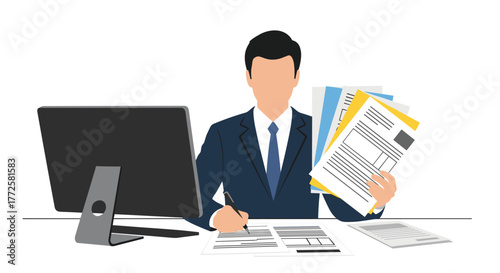 Dedicated businessman diligently working at desk with computer and documents, managing tasks for professional success and efficiency
