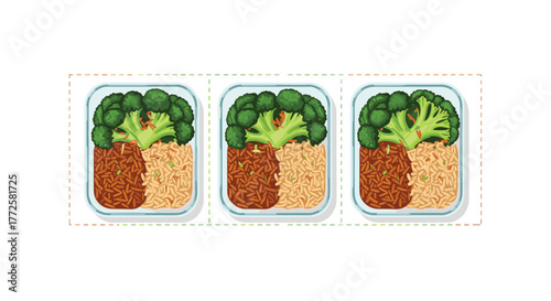 Three healthy meal prep containers filled with nutritious brown rice, white rice, and vibrant broccoli for easy on the go lunches
