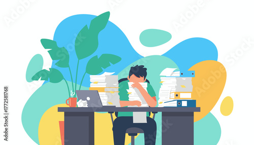 Man buried in paperwork and stressed about deadlines and excessive workload