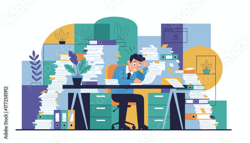 Stressed businessman buried under excessive paperwork depicting corporate burnout and overload