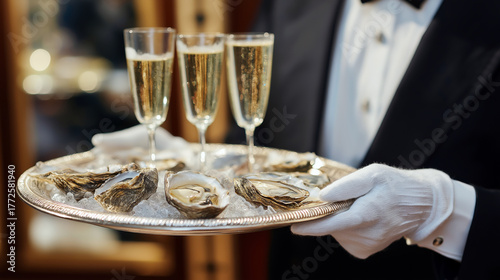Professional waiter in white gloves serving oysters and champagne on a silver tray in a high-class venue