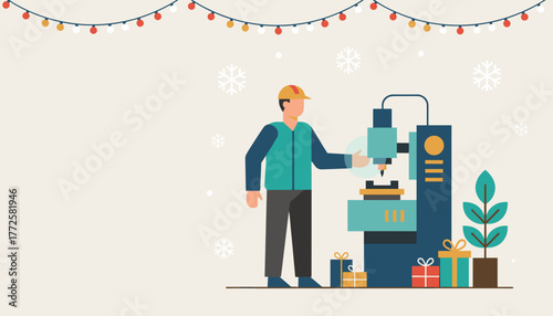 Worker operates CNC machine in a festive holiday setting Manufacturing and winter celebration
