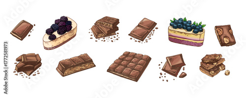 Hand drawn vintage sketch of hot cocoa mugs with marshmallows and assorted chocolate bars set in color and monochrome