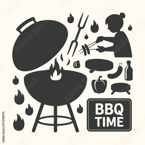Silhouette of a person grilling food on a barbecue grill with flames and various food items