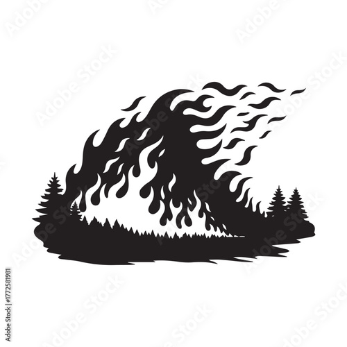 A stylized silhouette depicting a raging wildfire consuming a forest landscape.