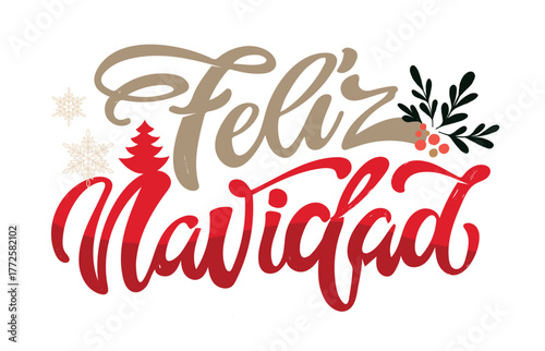 Merry Christmas and Happy New 2026 Year -  in spanish cute hand drawn doodle lettering postcard. Hello 2026. 