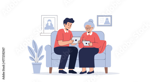 Young man and elderly woman happily sharing digital content on tablets while relaxing on a cozy sofa at home