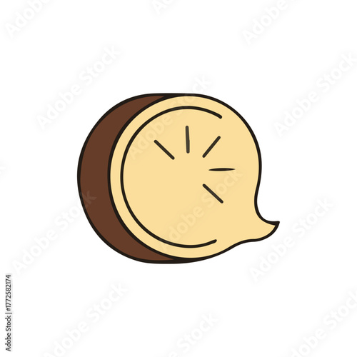 A stylized, cartoon-like illustration of a sliced open coconut, showcasing the brown shell and the white flesh.