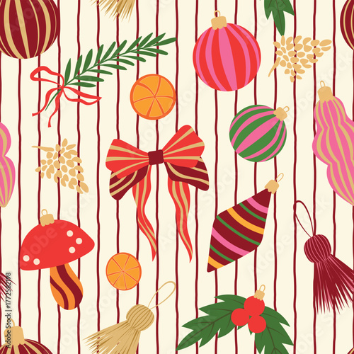 Christmas ornaments vector seamless pattern. Bright xmas baubles, mushroom decoration, festive tassels, ribbon bows on light striped background. Colorful winter holiday maximalist decor repeat design