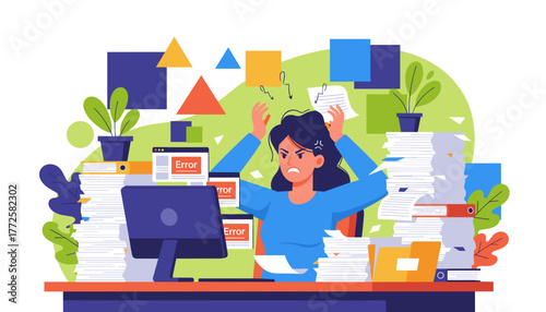 Frustrated woman overwhelmed by work overload computer errors and mountains of paperwork