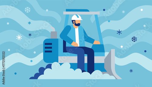 Worker operates snow removal vehicle during a blizzard Winter maintenance illustration