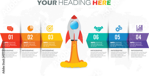 Colorful Infographic Rocket Launch Timeline with Six Stages Representing Business Growth, Startup Strategy, Innovation, and Success Planning Visual Template