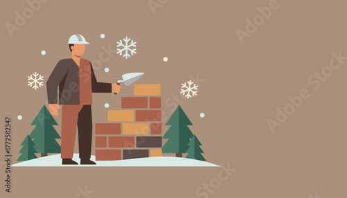 Seasonal construction Builder working outdoors during a winter snowfall illustration