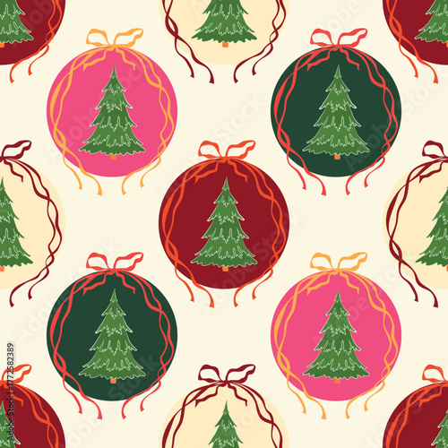 Christmas ornaments vector seamless pattern. Bright xmas baubles with fir trees and festive ribbon bows on light background. Colorful modern winter holiday decorations repeat design for wrapping