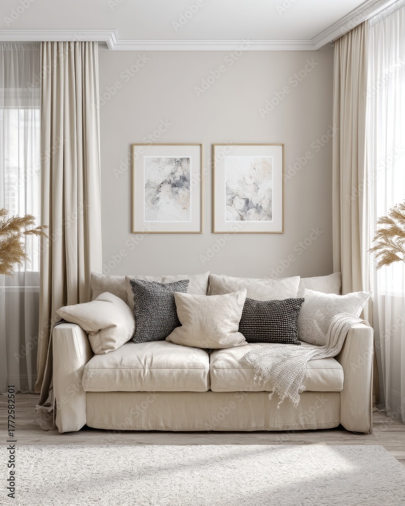 Fototapeta premium A white couch with pillows and a blanket on it