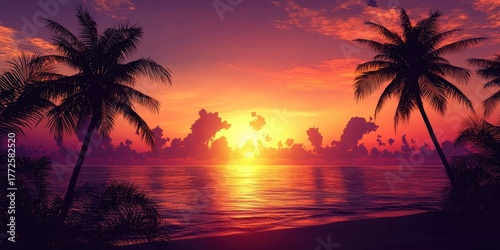 Two palm trees silhouetted against a vibrant sunset sky, with the ocean in the foreground and a beach in the background.