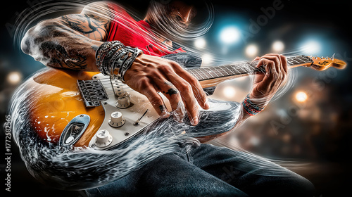Electric guitarist performing live with a Stratocaster-style guitar amidst stage smoke. created by ai