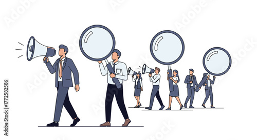 Dynamic team announces important news and searches for opportunities with megaphones and magnifying glasses leading the way forward