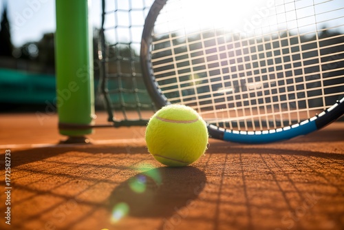 Tennis ball and racket on clay court close up sunny day
