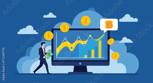 Confident businessman analyzes financial growth charts with stacks of cash and flying coins, visualizing profit success in a dynamic digital landscape