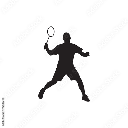 Silhouette of a badminton player in action, holding a racket and preparing to hit the shuttlecock, depicted against a white background.