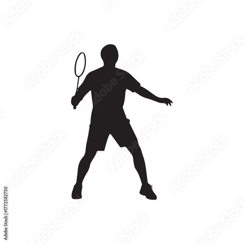Silhouette of a badminton player mid-swing, preparing to hit the shuttlecock.