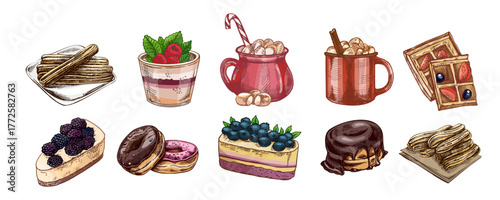 Hand drawn vintage sketch set of waffles, donuts and hot chocolate mugs with marshmallows, color and monochrome version