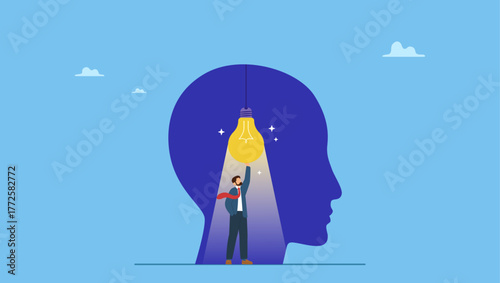 Smart man turn on lightbulb idea inside his genius head. Intelligence thinking, wisdom or intuition in genius brain, creative mindset or emotional intelligence, smart thinking or psychology.