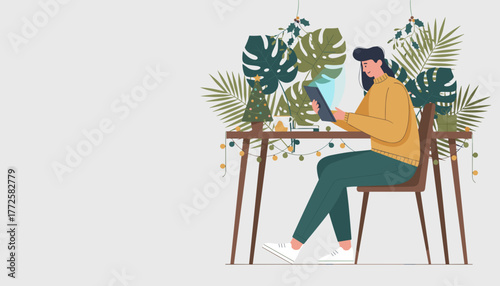 Woman using tablet at home desk decorated for Christmas holidays with tropical plants
