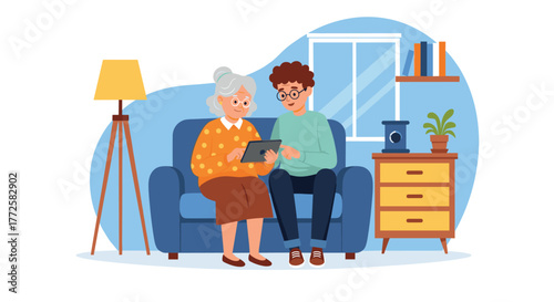 Joyful grandmother and grandson bonding over a digital tablet, sharing knowledge and connection in a cozy home setting