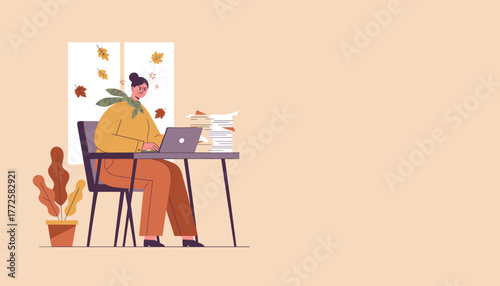 Frustrated employee suffering burnout working with piles of paperwork during autumn