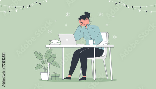 Holiday burnout Stressed woman working on laptop at home office during the busy winter season