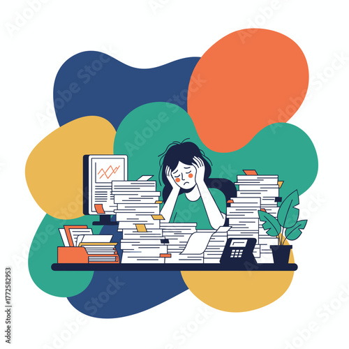 Stressed employee overwhelmed by massive workload and administrative paperwork suffering from burnout