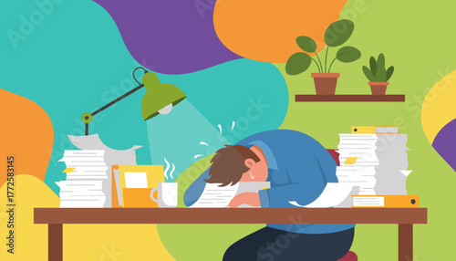 Stressed worker sleeping on desk overwhelmed by paperwork Burnout and long hours concept