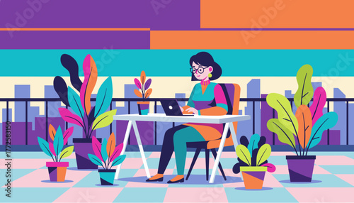 Woman working remotely on a laptop at a colorful rooftop terrace overlooking the city