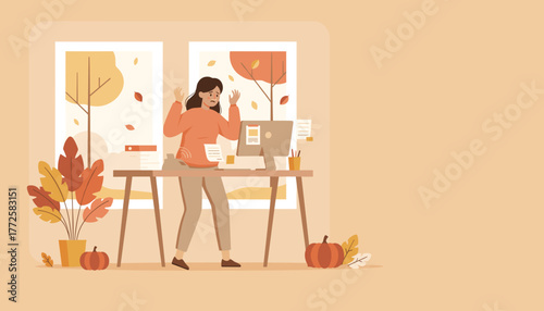 Stressed woman overwhelmed by work at an autumnthemed office desk Burnout illustration