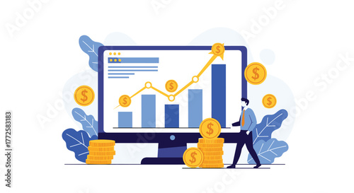 Dynamic business growth visualized with upward trend graph, coins, and confident professional in modern office setting