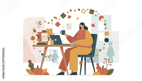 Autumn remote work setup Woman busy on laptop enjoying coffee in a cozy seasonal setting