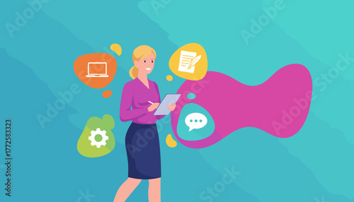 Businesswoman manages digital workflow with tablet showcasing efficiency and productivity icons