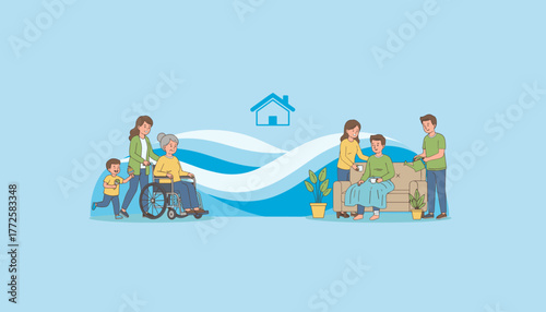 Home care and family support for sick and elderly people Multigenerational help illustration