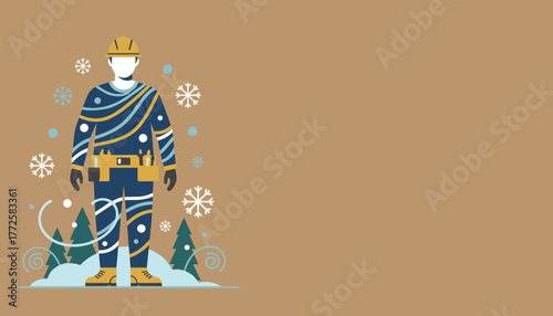 Industrial worker in winter gear standing in snow Cold weather maintenance service