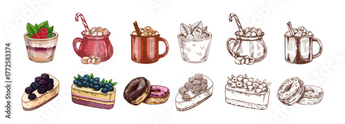 Hand drawn vintage sketch set of waffles, donuts and hot chocolate mugs with marshmallows, color and monochrome version