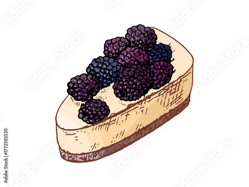 Tasty Creamy Sweet Dessert. Vintage Vector Monochrome Illustration. Hand drawn sketch of Delicious Cake With blackberry.  Design Gastronomy Product element.