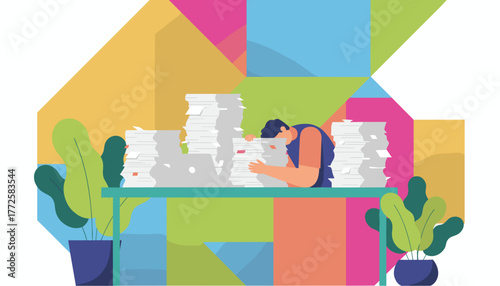 Stressed worker buried under massive paperwork stacks symbolizing bureaucracy and work overload