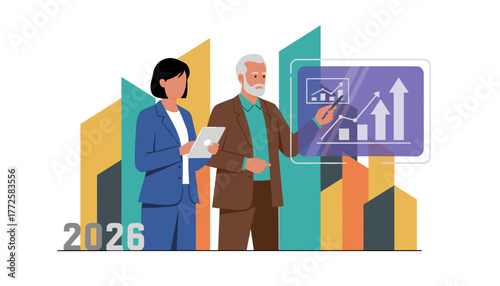 Collaboration on 2026 business plan executives analyze growth charts and strategy