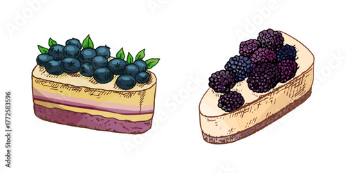 Tasty Creamy Sweet Dessert. Vintage Vector Monochrome Illustration. Hand drawn sketch of Delicious Cake With  blueberries.  Design Gastronomy Product element.
